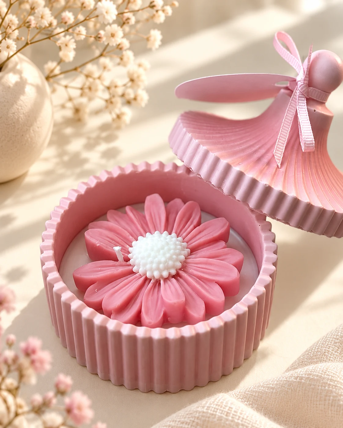 Home Pink daisy candle in a glass jar, styled on a light background